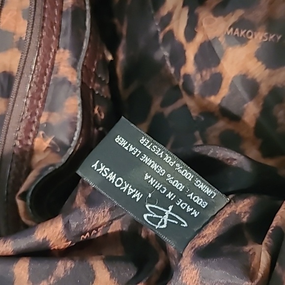 B. Makowsky Brown Leather Shoulder Bag Satchel Purse Leopard Print Lined Large - Picture 10 of 16